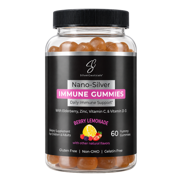 A clear plastic bottle of SilverCeuticals Nano-Silver Immune Gummies with a black cap and black label, containing orange-brown gummies visible through the transparent container. The image has a plain background.