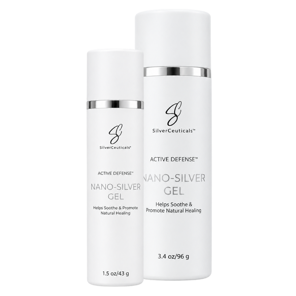 Two white SilverCeuticals Nano-Silver Gel bottles on a plain background, with the taller bottle labeled Active Defense and the shorter bottle also labeled Active Defense.