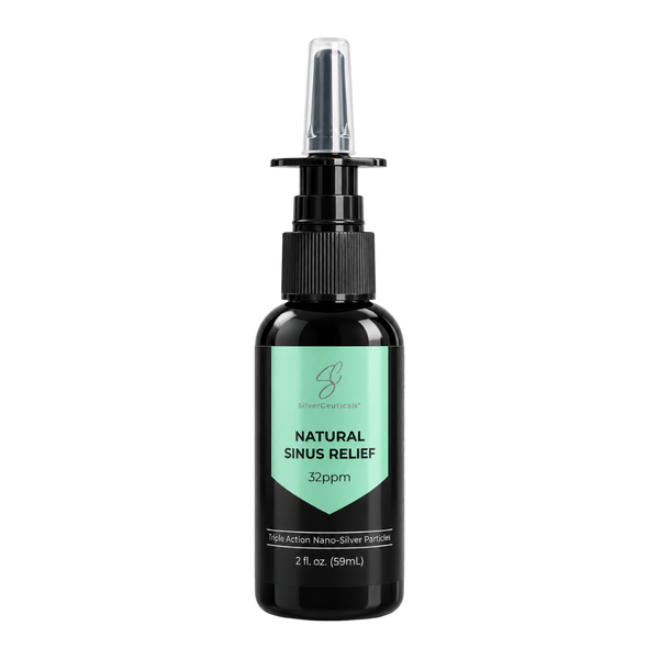 2 oz black bottle with vertical sprayer top cap. The label is black with a green highlight. Product is labeled as Natural Sinus Relief 32ppm from SilverCeuticals with a logo. Image is on a plain background.
