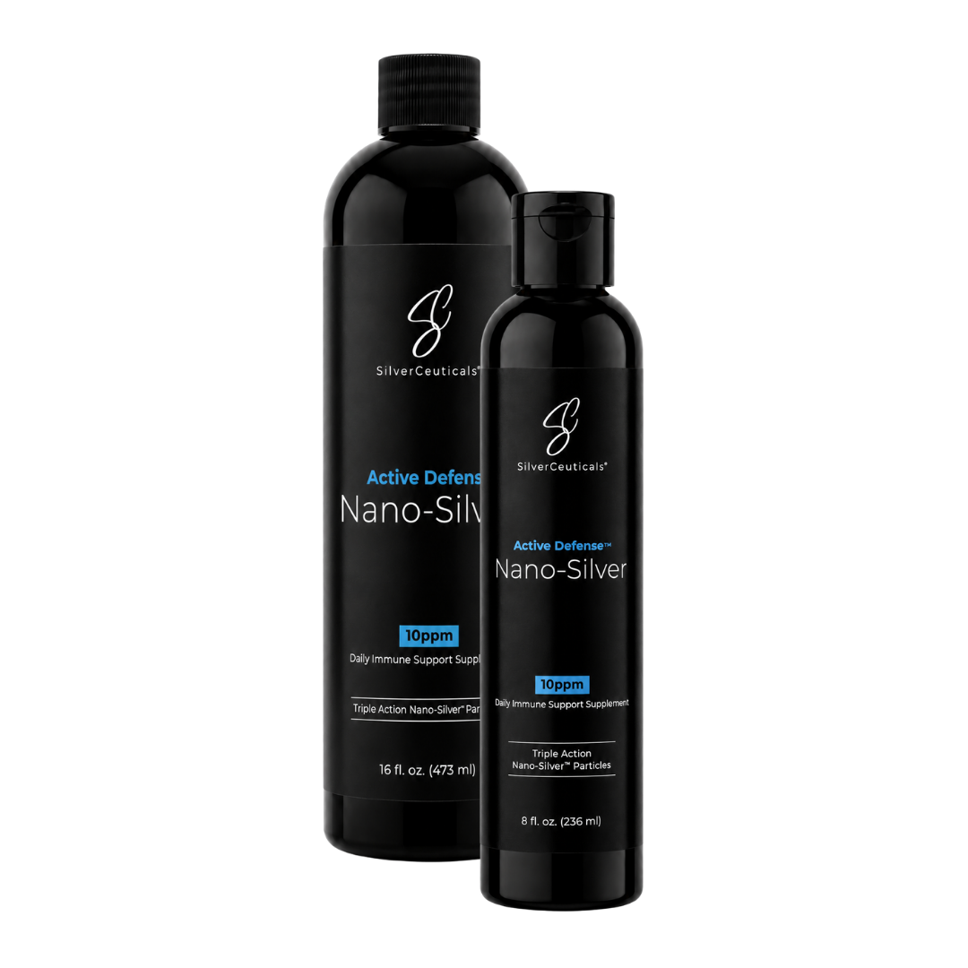 Two black bottles of SilverCeuticals Active Defense Nano-Silver dietary supplement, one 16 fl. oz. one 8 fl. oz. with a plain background.

