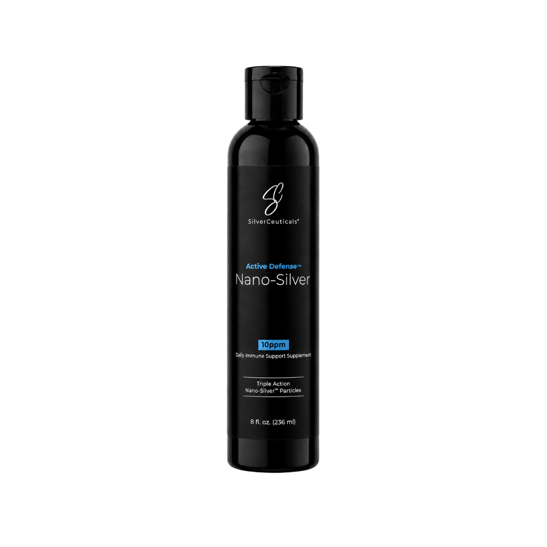 A black bottle of SilverCeuticals Active Defense Nano-Silver 8 fl.oz. dietary supplement, shown on a solid background.

