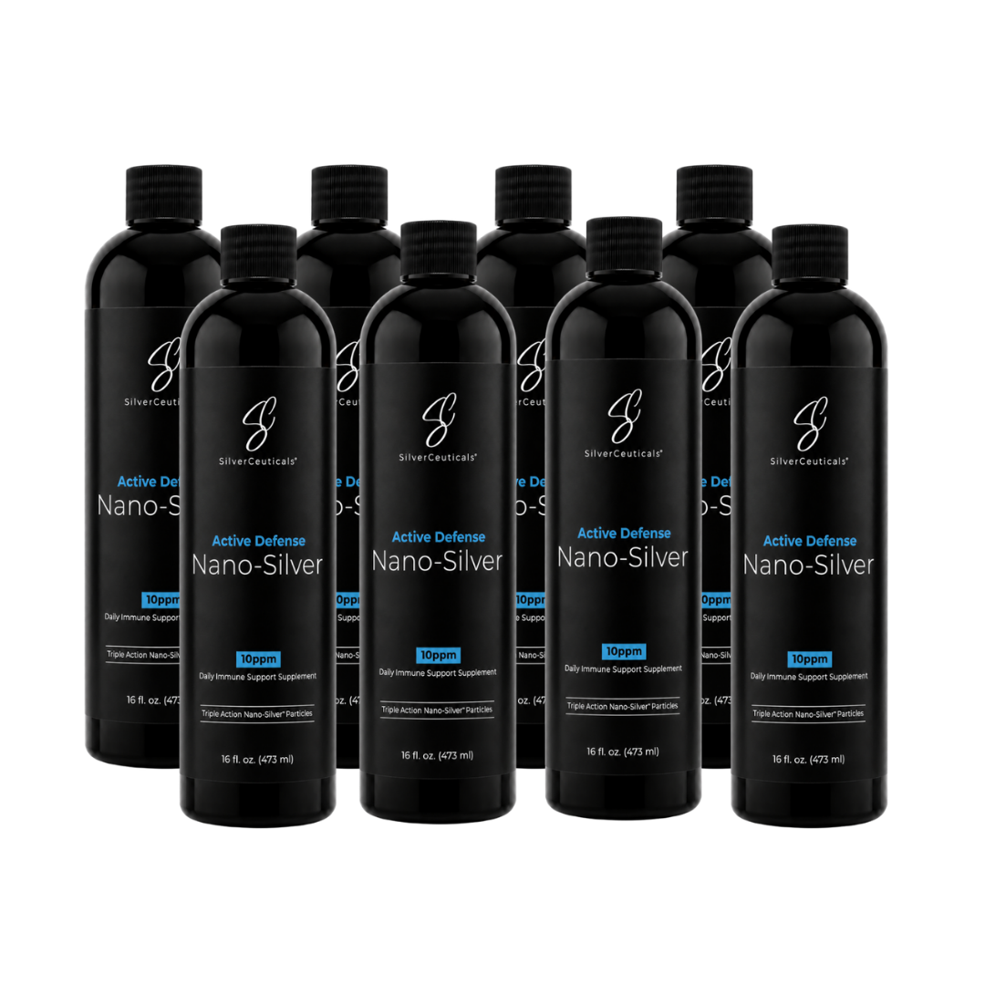 A group picture of 8 Black Bottles of 16oz 10ppm Immune Support on a plain background.