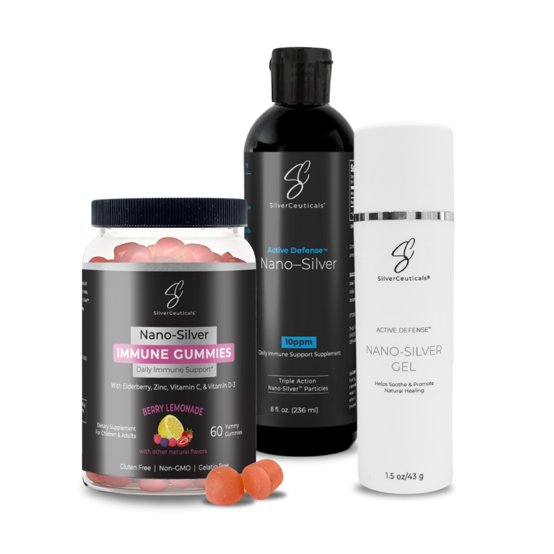 Bundle image showing the three included products including the 8oz 10ppm Nano-Silver Immune Support, the 1.5oz Nano-Silver Gel, and the 60 count Immune Gummies.