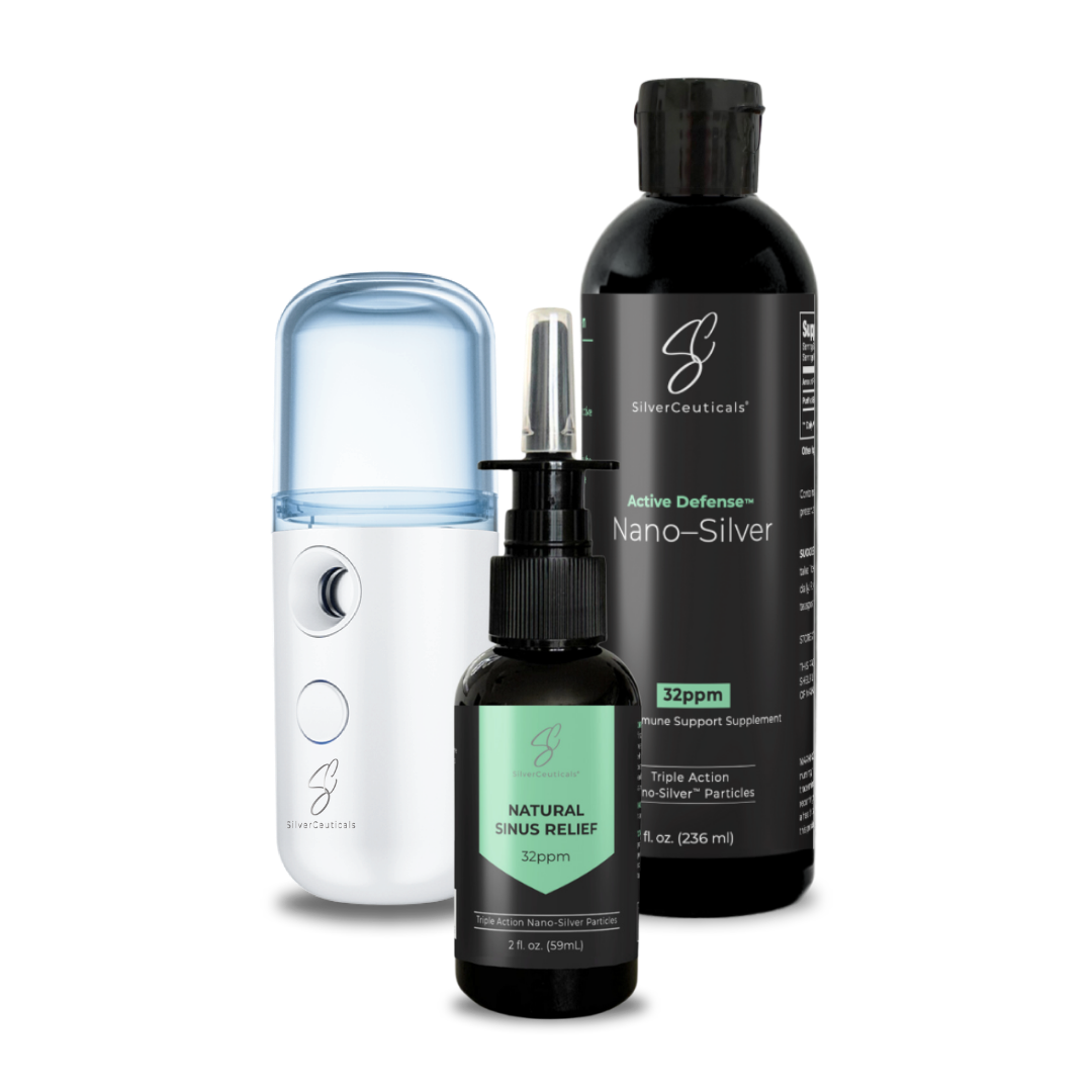 Bundle image showing three products, including the 8oz Immune Support 32ppm Nano-Silver, the Nano Mister, and Natural Sinus Relief.