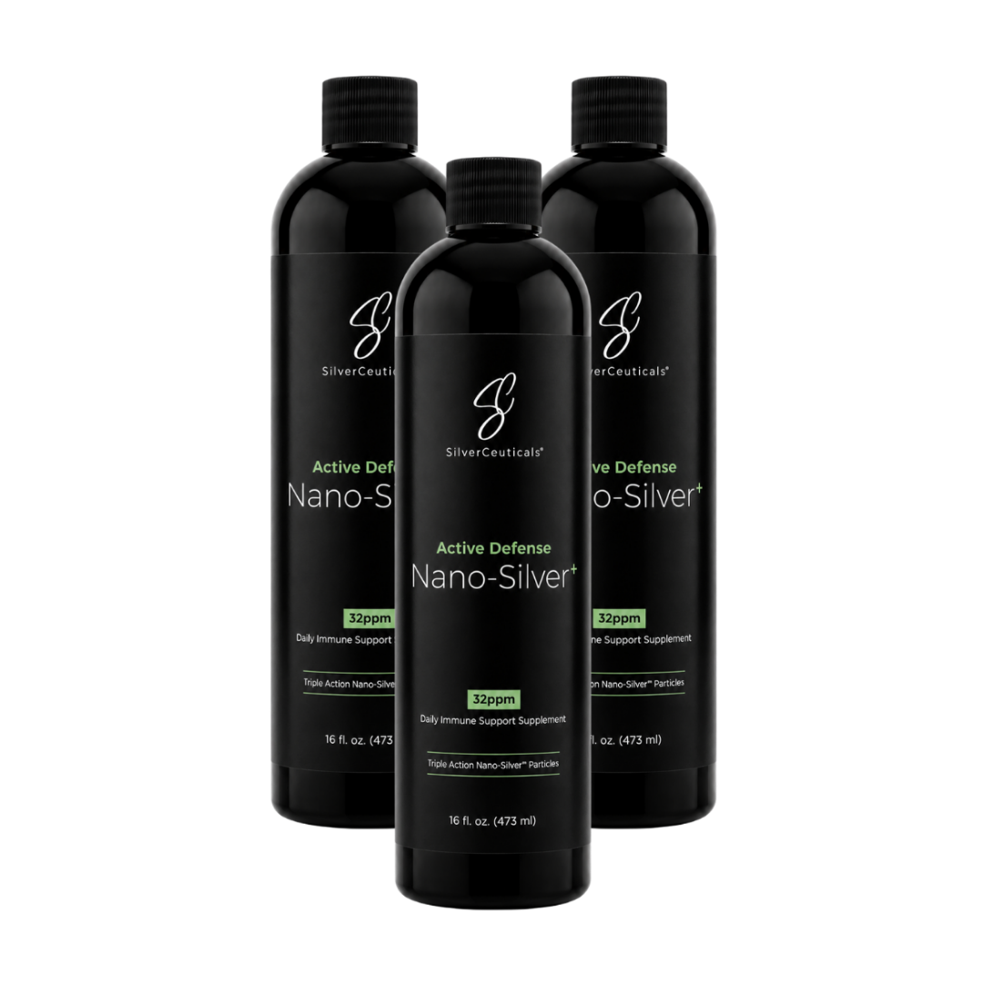 A group picture of 3 Black Bottles of 16oz 32ppm Immune Support on a plain background.