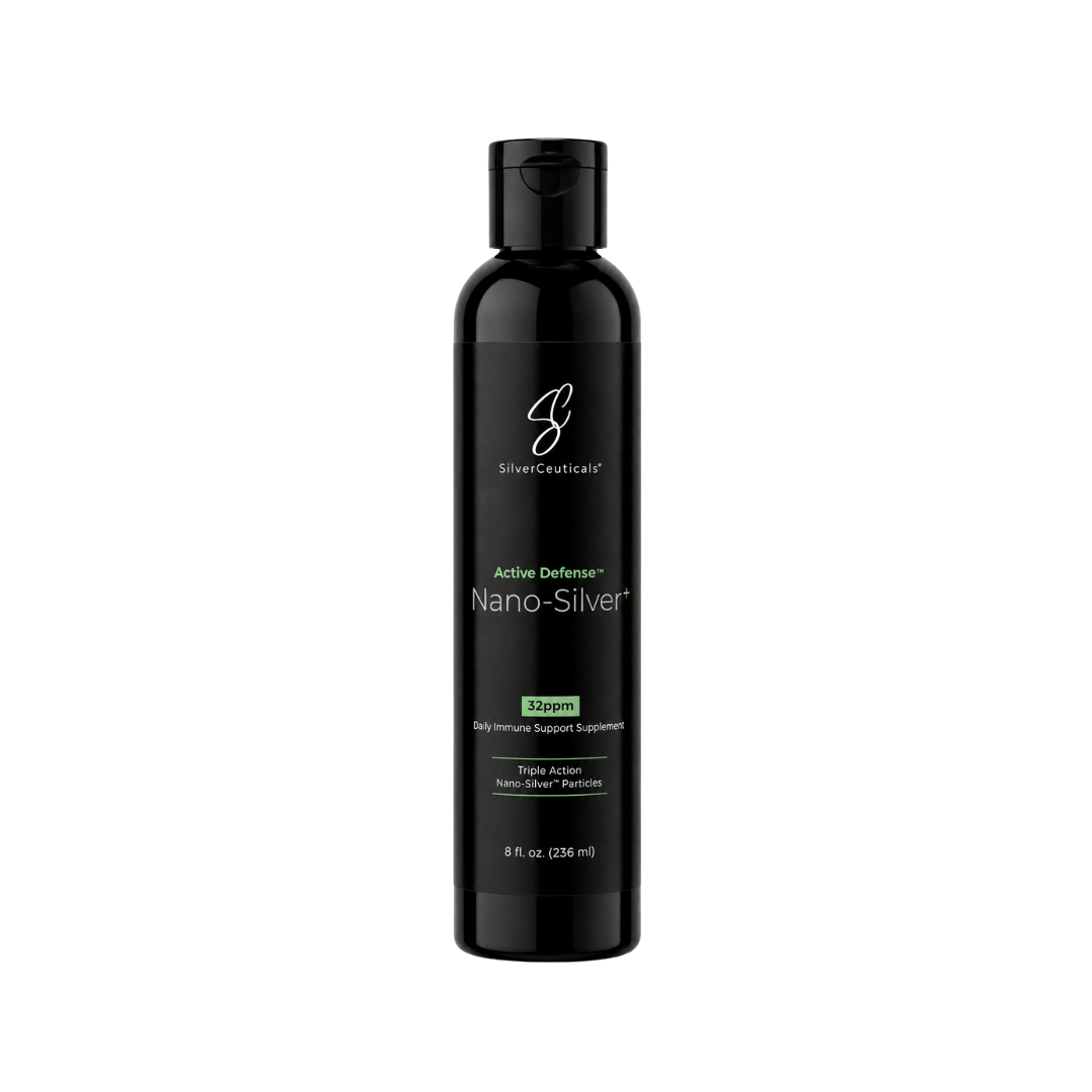 A black bottle of SilverCultivate Active Defense Nano-Silver+ supplement 8oz on a plain white background.