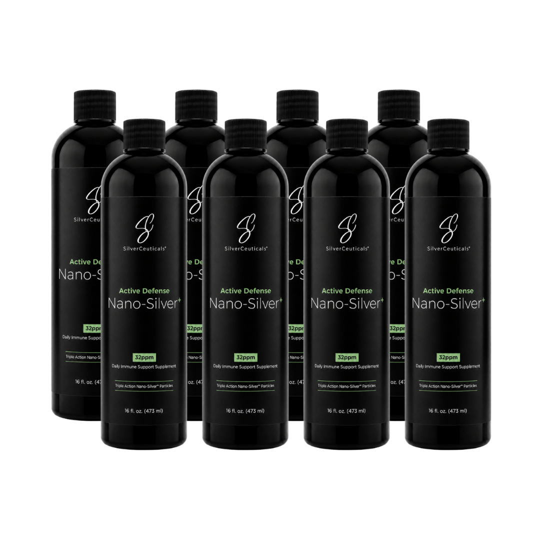 A group picture of 8 Black Bottles of 16oz 32ppm Immune Support on a plain background.