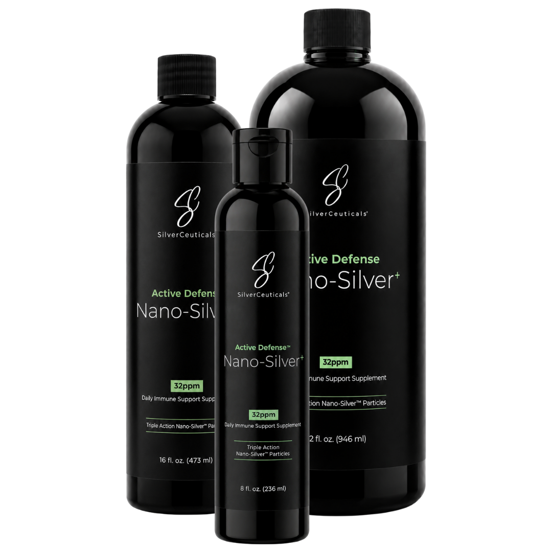 Three black bottles of SilverCeuticals Active Defense Nano-Silver+ supplement arranged together on a plain background. 3 Different size bottles shown.