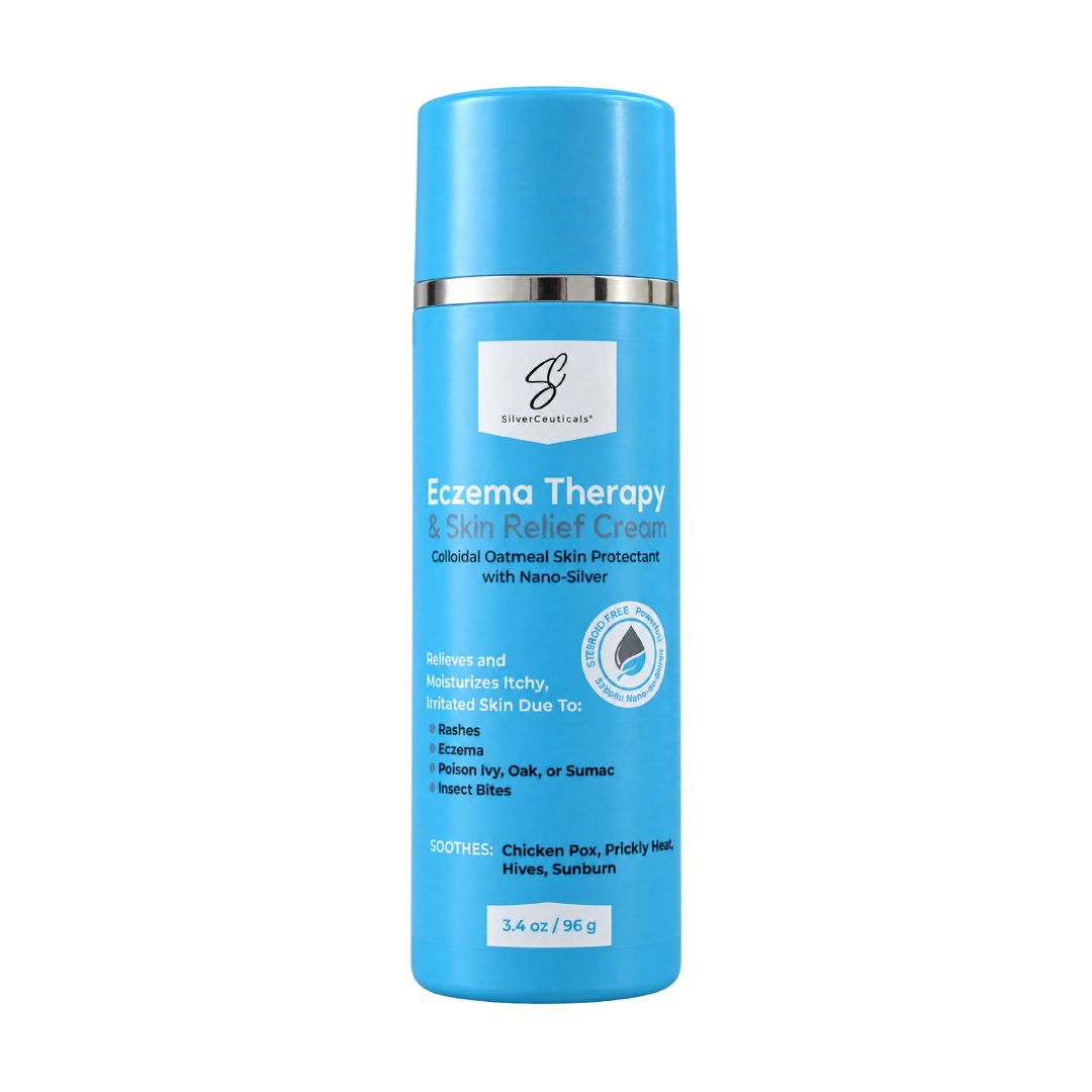 A 3.4 oz blue bottle of SilverCeuticals Eczema Therapy & Skin Relief Cream, featuring a metallic silver band and white text on the label, set against a plain background.
