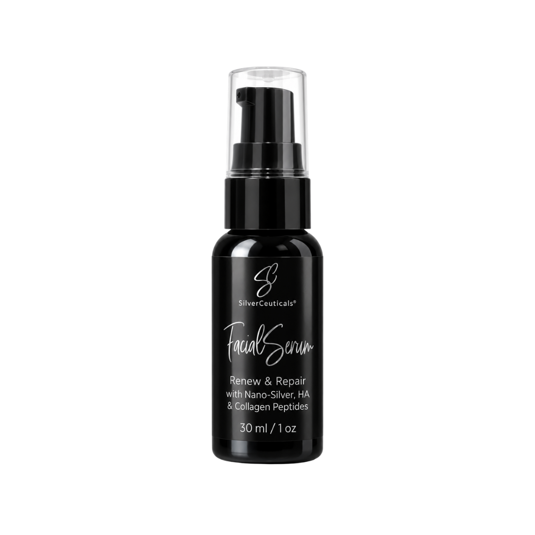 SilverCeuticals Facial Serum in a 30 ml black pump bottle with a clear cap, shown on a plain background.
