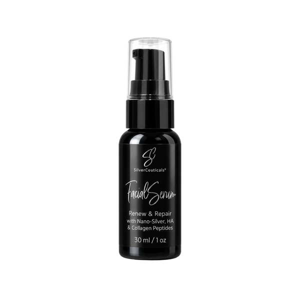 SilverCeuticals Facial Serum in a 30 ml black pump bottle with a clear cap, shown on a plain background.