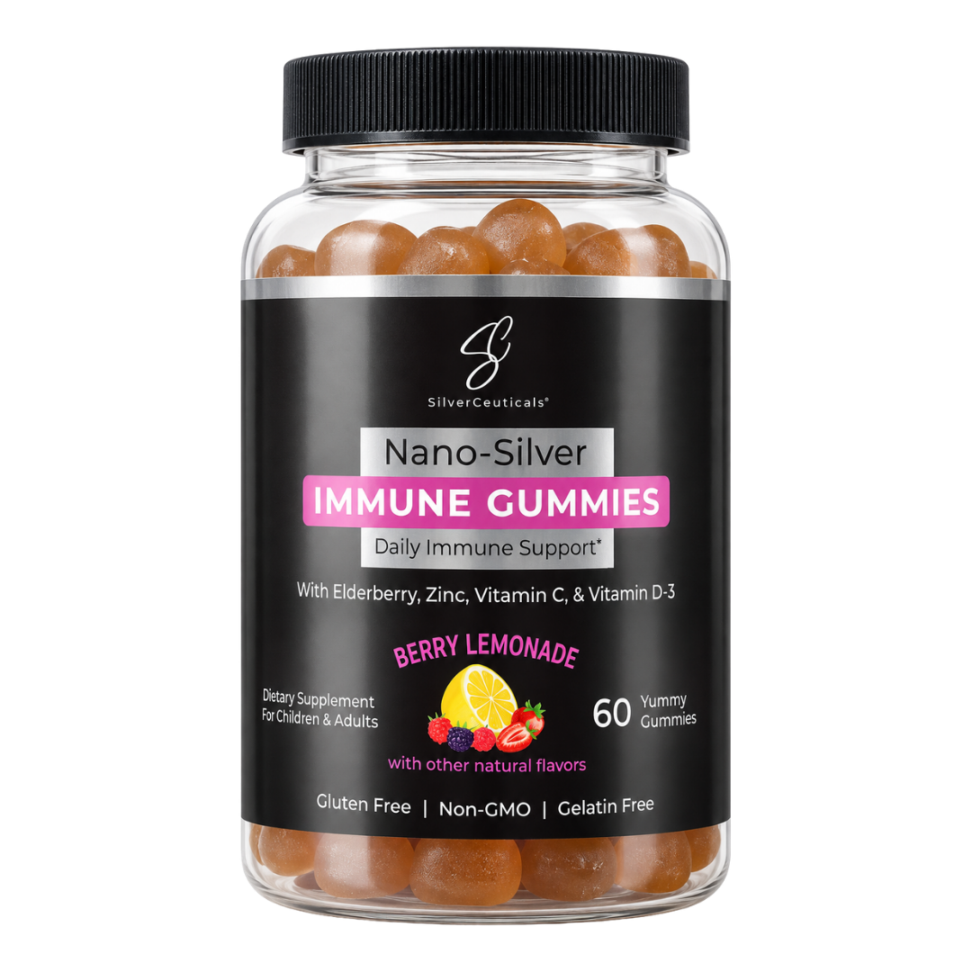 A clear plastic bottle of SilverCeuticals Nano-Silver Immune Gummies with a black cap and black label, containing orange-brown gummies visible through the transparent container. The image has a plain background.