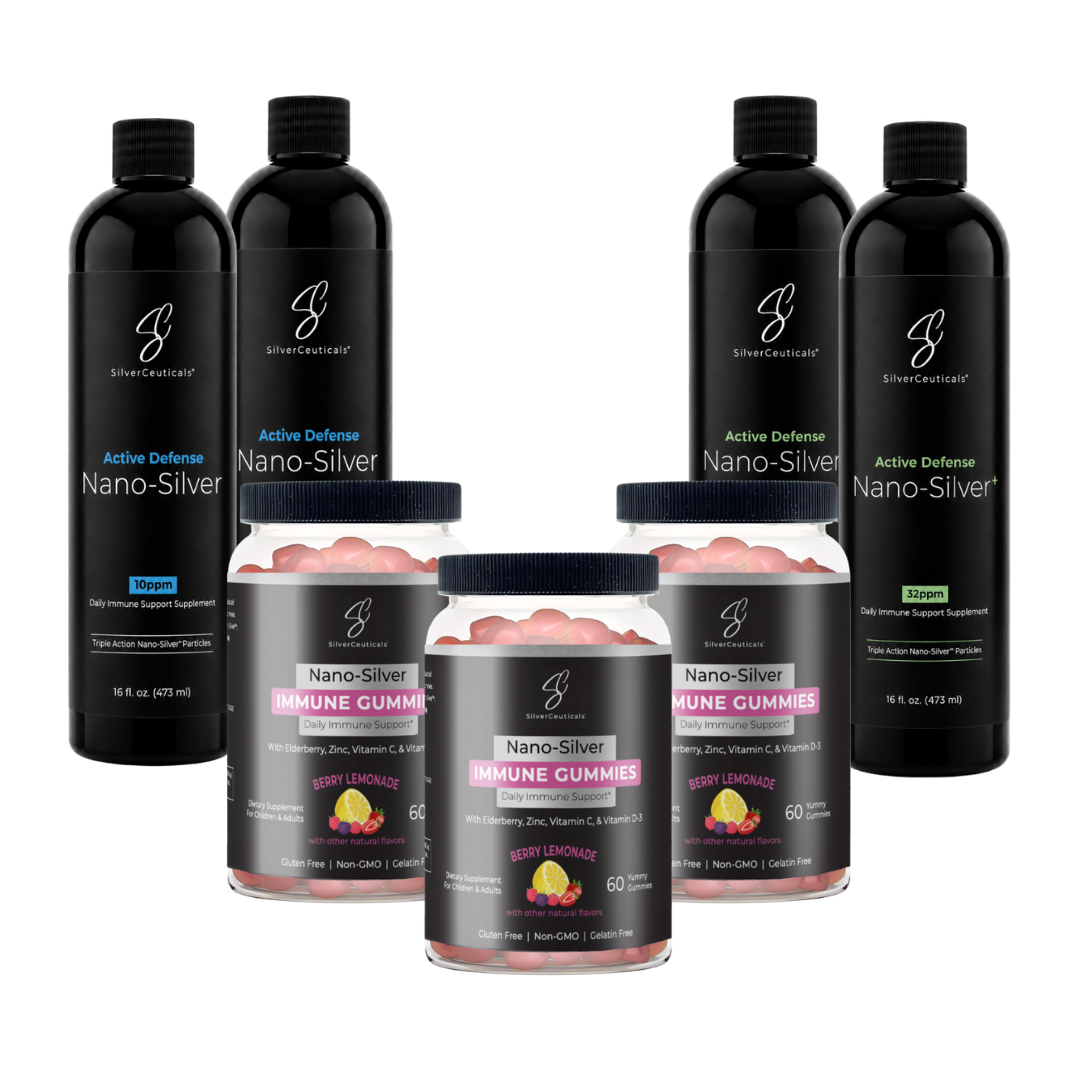 A group picture of 2 Black Bottles of 16oz 32ppm Immune Support, 2 Black bottles of 16oz 10ppm Immune Support, and 3 Transparent Bottles with black labels of the 60 count Immune Gummies, all on a plain background.