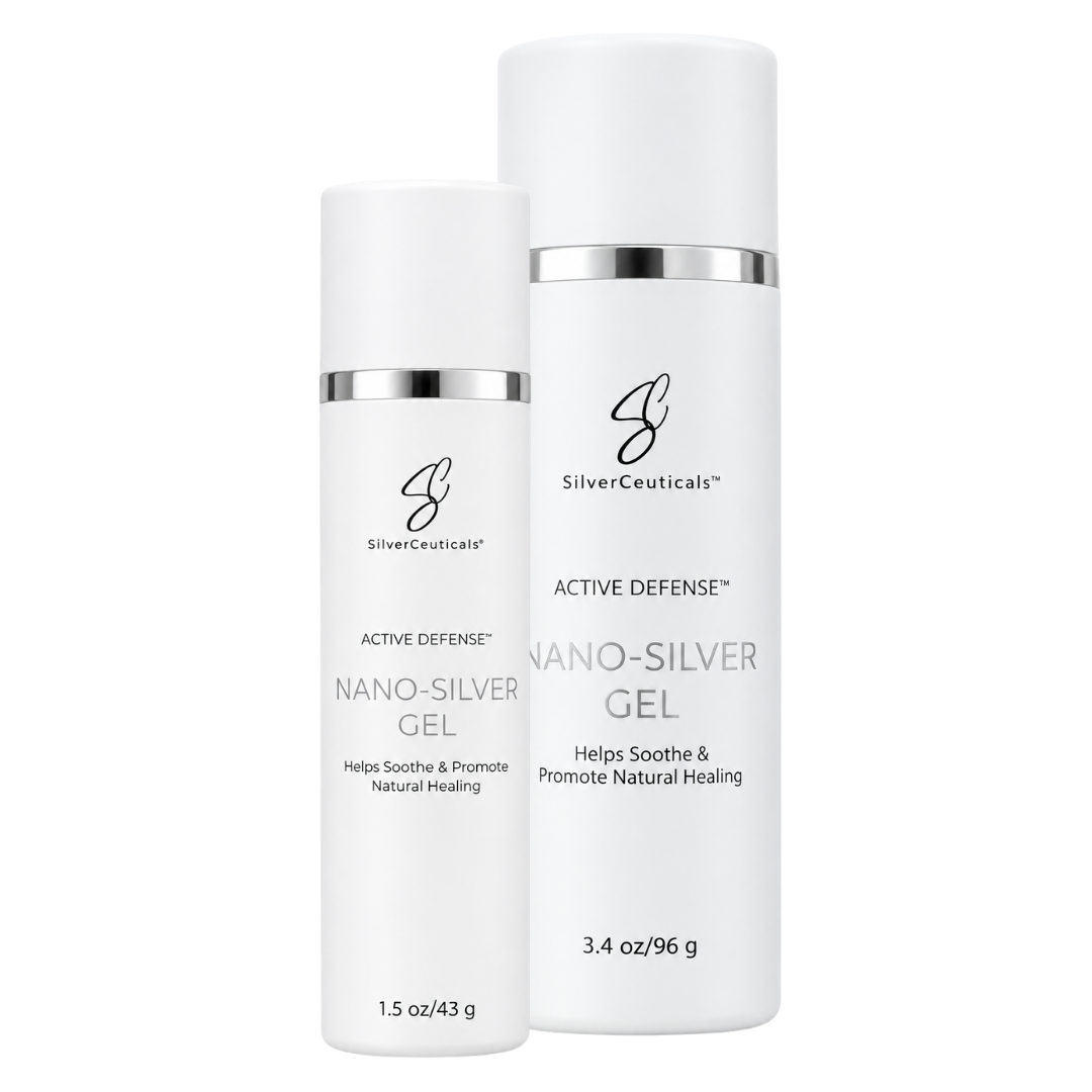 Two white SilverCeuticals Nano-Silver Gel bottles on a plain background, with the taller bottle labeled Active Defense and the shorter bottle also labeled Active Defense.
