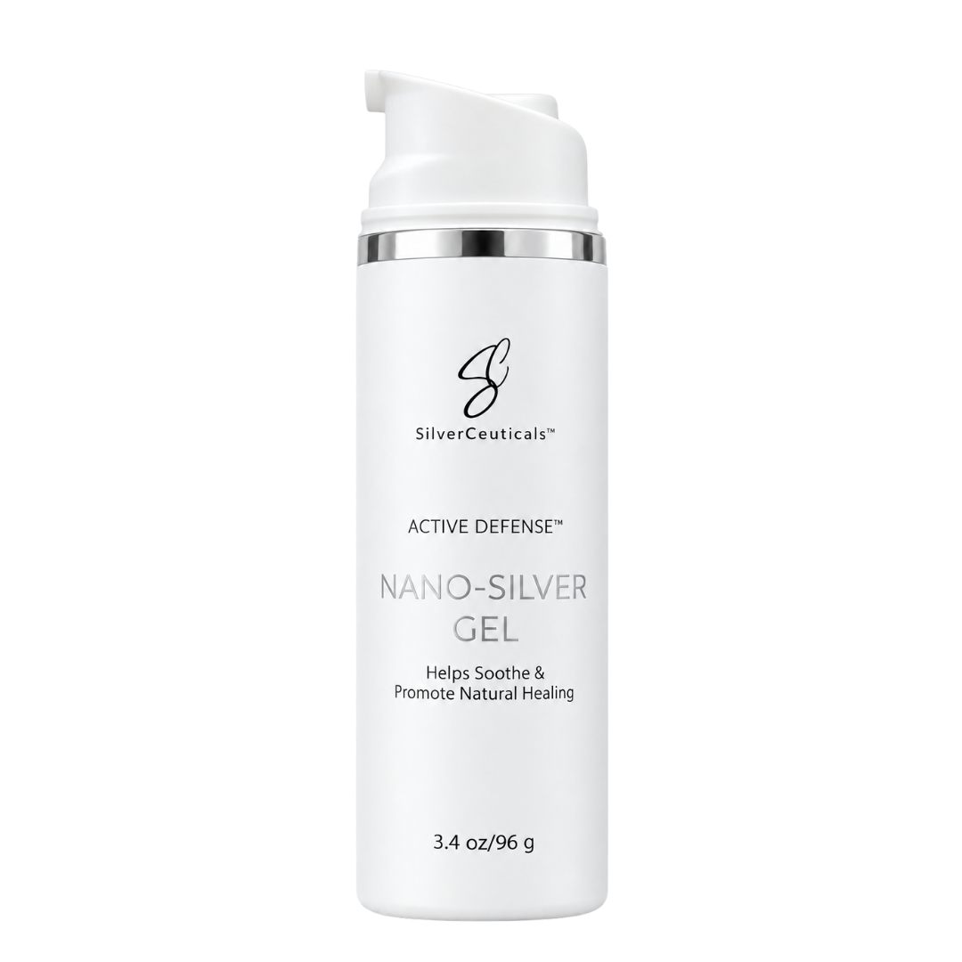 White SilverCeuticals Nano-Silver Gel bottle on a plain background 3.4oz size with the cap removed to show the white pump top on the bottle.