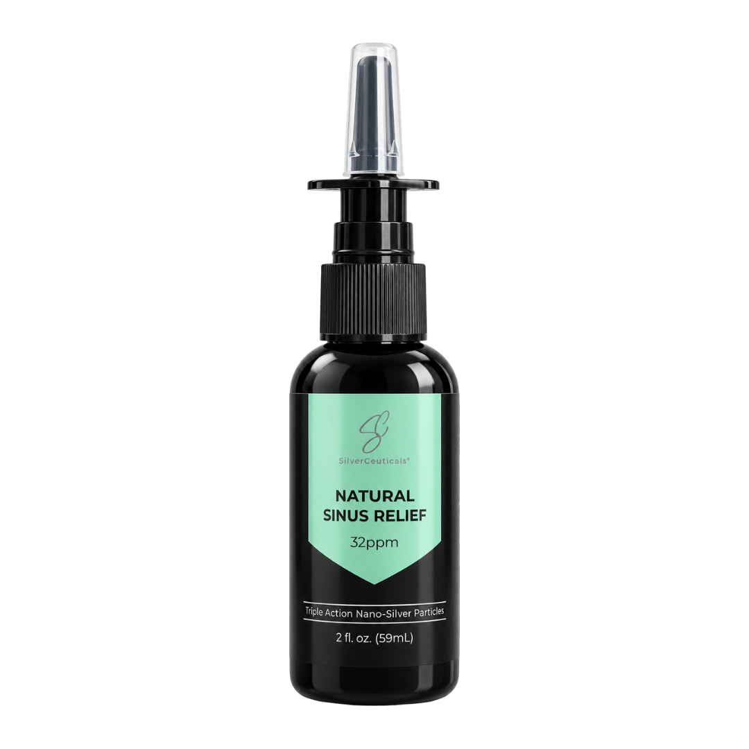 2 oz black bottle with vertical sprayer top cap. The label is black with a green highlight. Product is labeled as Natural Sinus Relief 32ppm from SilverCeuticals with a logo. Image is on a plain background.