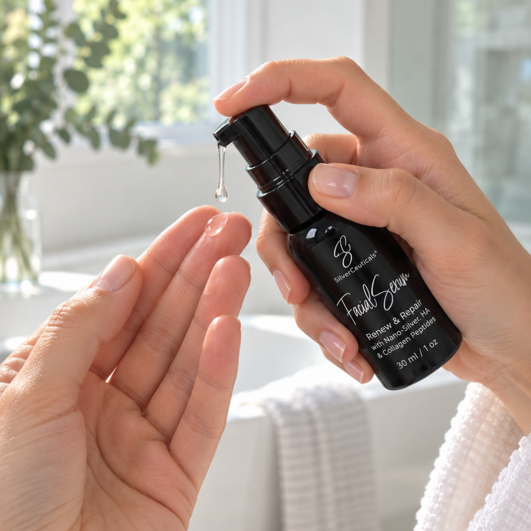 A person's hands holding a black pump bottle of SilverCeuticals Facial Serum, with a drop of clear serum dripping onto the other hand, set against a bright, softly blurred indoor background.