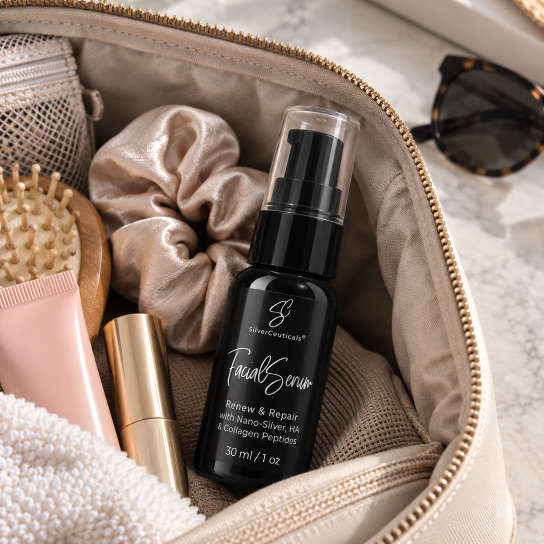 A black cosmetic pump bottle labeled 'Facial Serum' by SilverCeuticals, placed inside an open beige zippered pouch with other beauty items like a pink tube, a gold-capped tube, a satin scrunchie, and sunglasses nearby.

